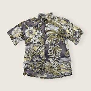 Rix Hawaiian Shirt Mens Medium Gray Button Up Floral Short Sleeve Aloha